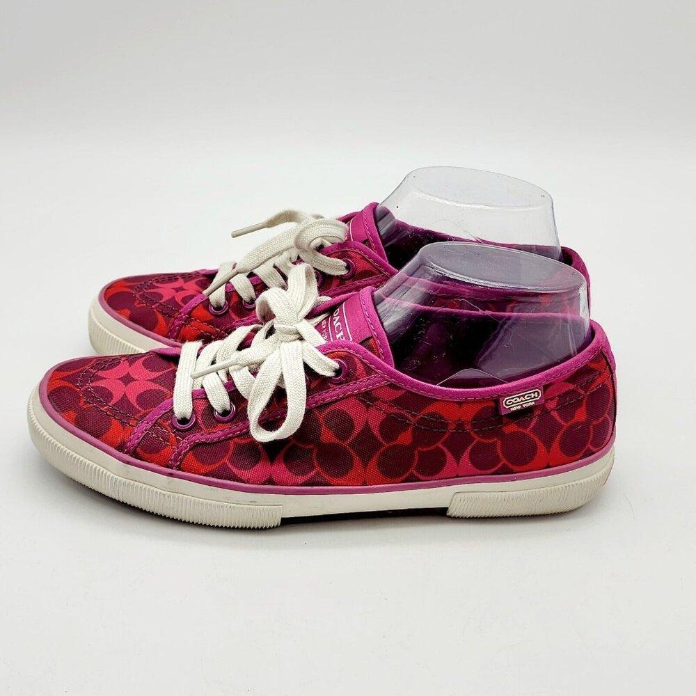 COACH Kalyn Womens Sneakers 7.5 B Pink Red Signature C Logo Lace Up Canvas 7-1/2 - Picture 6 of 11